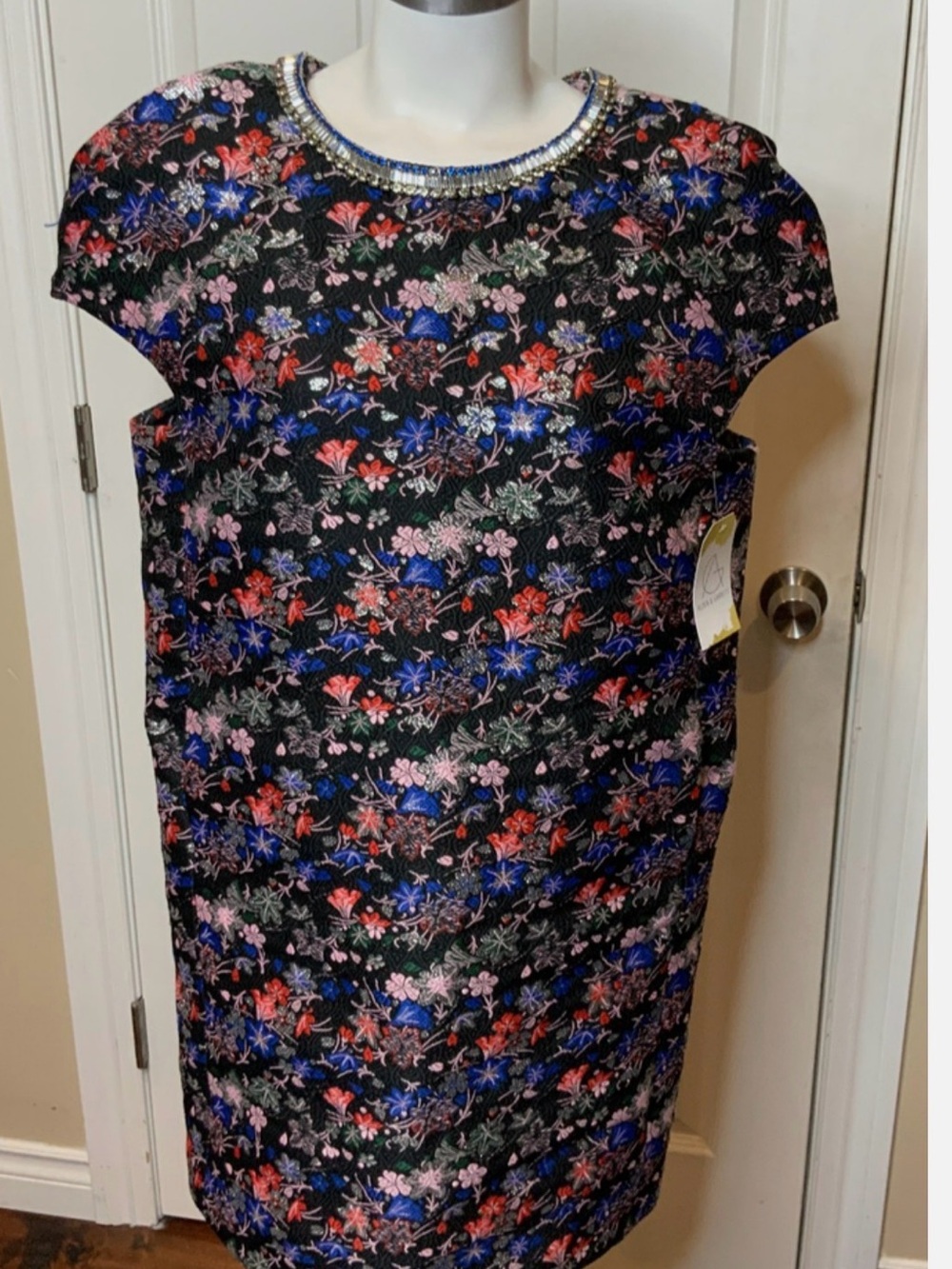 MSGM Black Floral Beaded-Neck Shift Dress